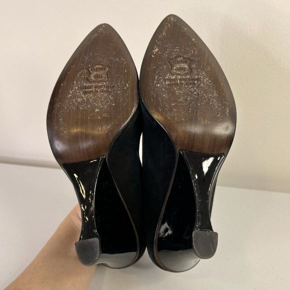 Stuart Weitzman Black Suede Pointed Toe Wedge Pumps with Bows - Picture 5 of 8